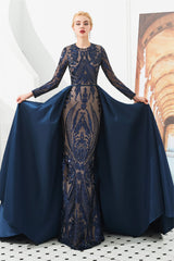 Evening Dresses Vintage, Long Sleeves Mermaid Detachable Train Prom Dresses with Train Sequined