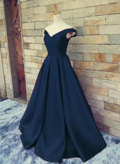 Prom Dresses Blue Long, Navy Blue Satin Sweetheart A-line Handmade Formal Dress, Blue Long Prom Dress