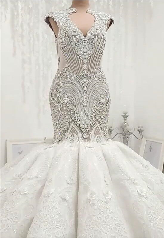 Wedding Dress Ballgown, New Arrival V Neck Cap Sleeve Beads Crystals Mermaid Wedding Dress Lace Applique