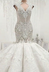 Wedding Dress Ballgown, New Arrival V Neck Cap Sleeve Beads Crystals Mermaid Wedding Dress Lace Applique