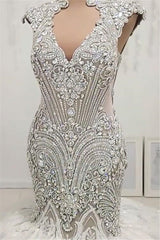 Wedding Dress Fall, New Arrival V Neck Cap Sleeve Beads Crystals Mermaid Wedding Dress Lace Applique