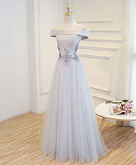Bridesmaid Dresses 2039, Gray A Line Off Shoulder Floor Length Prom Dress, Lace Evening Dress