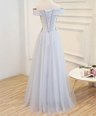 Bridesmaid Dresses Mismatched Colors, Gray A Line Off Shoulder Floor Length Prom Dress, Lace Evening Dress