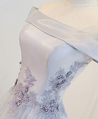 Bridesmaid Dress 2053, Gray A Line Off Shoulder Floor Length Prom Dress, Lace Evening Dress