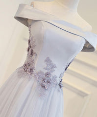Bridesmaid Dress 2054, Gray A Line Off Shoulder Floor Length Prom Dress, Lace Evening Dress