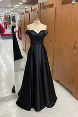 Evening Dresses And Gowns, Off Shoulder Black Satin Long Prom Dress, Long Black Formal Graduation Evening Dress