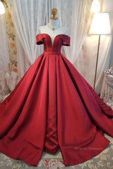 Evening Dresses Near Me, Off Shoulder Burgundy Satin Long Prom Dress, V Neck Burgundy Formal Evening Dress, Burgundy Ball Gown