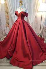 Evening Dresses Sale, Off Shoulder Burgundy Satin Long Prom Dress, V Neck Burgundy Formal Evening Dress, Burgundy Ball Gown