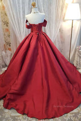 Evening Dress Sale, Off Shoulder Burgundy Satin Long Prom Dress, V Neck Burgundy Formal Evening Dress, Burgundy Ball Gown