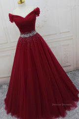 Bridesmaid Dresses Cheap, Off Shoulder Burgundy Tulle Long Prom Dresses with Sequins, Burgundy Tulle Formal Evening Dresses