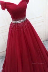 Bridesmaid Dress Outdoor Wedding, Off Shoulder Burgundy Tulle Long Prom Dresses with Sequins, Burgundy Tulle Formal Evening Dresses