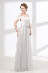 Prom Dress Princess, Off Shoulder Gray Formal Floor Length Prom Dresses