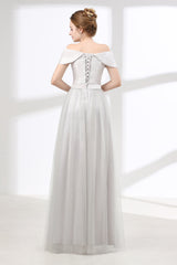 Prom Dress Princesses, Off Shoulder Gray Formal Floor Length Prom Dresses