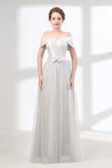 Prom Dresses Spring, Off Shoulder Gray Formal Floor Length Prom Dresses