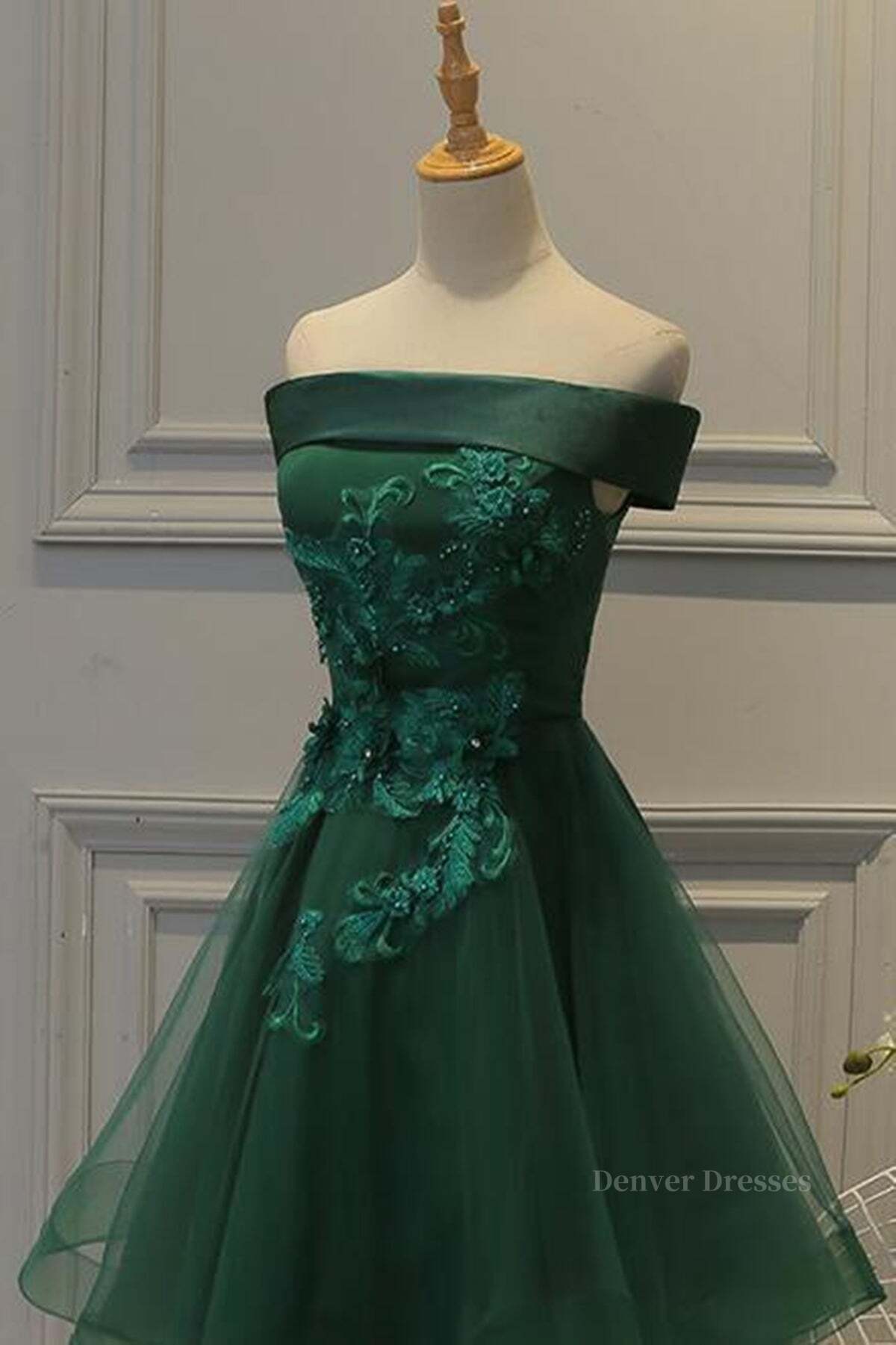 Dress To Impression, Off Shoulder Green Lace Floral Prom Dress, Short Green Lace Homecoming Dress, Green Formal Evening Dress