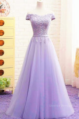 Evening Dress Long, Off Shoulder Light Purple Lace Long Prom Dress, Off the Shoulder Lilac Lace Formal Dress, Purple Evening Dress