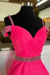 Black Tie Wedding Guest Dress, Off Shoulder Tulle Beaded Long Formal Dress, Hot Pink Evening Party Dress