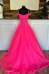 Ethereal Dress, Off Shoulder Tulle Beaded Long Formal Dress, Hot Pink Evening Party Dress