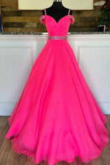 Yellow Dress, Off Shoulder Tulle Beaded Long Formal Dress, Hot Pink Evening Party Dress