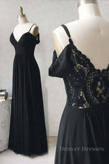 Formal Dress Long, Off Shoulder V Neck Black Lace Long Prom Dress, Off Shoulder Black Formal Dress, Black Lace Evening Dress