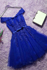 Prom Dress With Shorts, Off the Shoulder Blue Lace Prom Dresses, Off Shoulder Blue Homecoming Dresses, Short Blue Lace Formal Evening Dresses