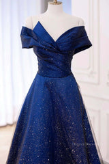 Party Dresses With Sleeves, Off the Shoulder Blue Long Prom Dresses, Off Shoulder Long Formal Evening Dresses