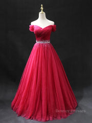 Prom Dress Long, Off the Shoulder Burgundy Prom Dresses with Beaded Belt, Wine Red Long Formal Evening Dresses
