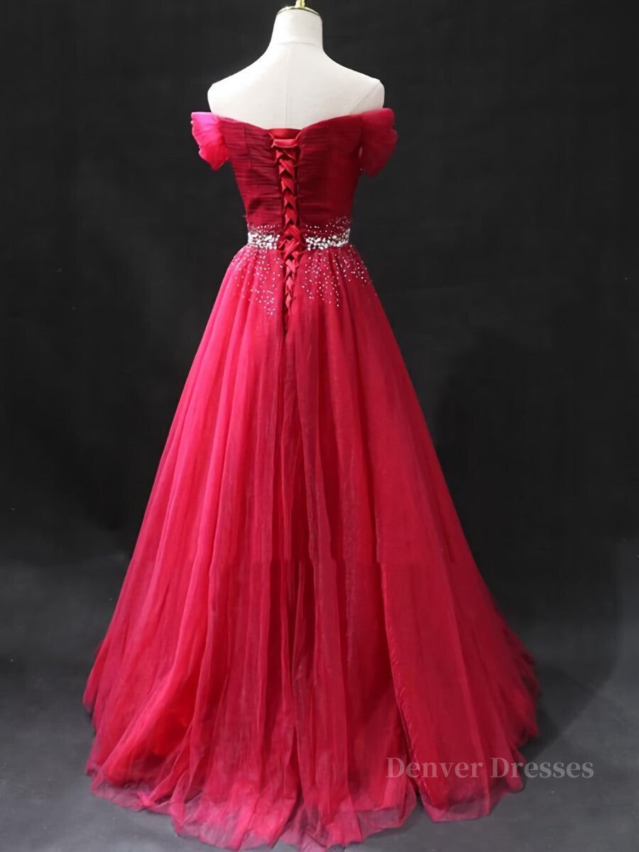 Wedding Shoes Bride, Off the Shoulder Burgundy Prom Dresses with Beaded Belt, Wine Red Long Formal Evening Dresses