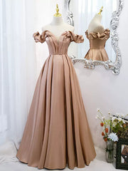 Formal Dresses Classy, Off the Shoulder Champagne Satin Prom Dresses, Champagne Long Formal Evening Dresses