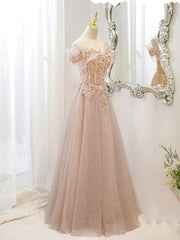 Formal Dress Outfit Ideas, Off the Shoulder Champagne Tulle Lace Prom Dress, Off Shoulder Champagne Lace Formal Dress