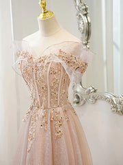 Formal Dresses Outfit Ideas, Off the Shoulder Champagne Tulle Lace Prom Dress, Off Shoulder Champagne Lace Formal Dress