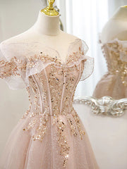 Formal Dress Attire, Off the Shoulder Champagne Tulle Lace Prom Dress, Off Shoulder Champagne Lace Formal Dress