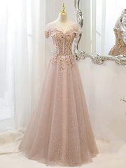 Formal Dress Elegant, Off the Shoulder Champagne Tulle Lace Prom Dress, Off Shoulder Champagne Lace Formal Dress