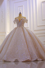 Wedding Dresses For Sale, Off the shoulder Champange Puffy ball Gown Sparkle Wedding Dress