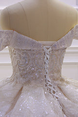 Wedding Dress For Sale, Off the shoulder Champange Puffy ball Gown Sparkle Wedding Dress