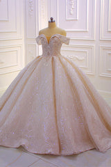 Wedding Dresses Long Sleeves, Off the shoulder Champange Puffy ball Gown Sparkle Wedding Dress