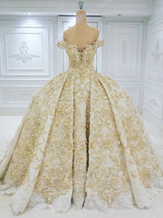 Wedding Dresses With Shoes, Off the shoulder Golden Lace Appliques Formal Ball Gown Wedding Dress
