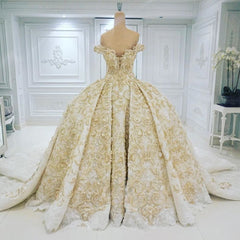 Wedding Dress 2027, Off the shoulder Golden Lace Appliques Formal Ball Gown Wedding Dress