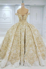 Wedding Dress With Shoes, Off the shoulder Golden Lace Appliques Formal Ball Gown Wedding Dress