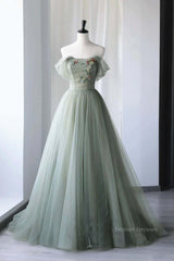 Party Dress Shiny, Off the Shoulder Green Tulle Long Prom Dresses, Green Tulle Off Shoulder Formal Evening Dresses