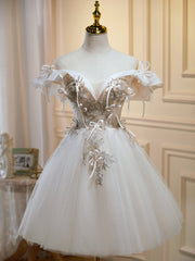 Evening Dress 2024, Off the Shoulder Light Champagne Floral Prom Dresses, Short Champagne Formal Homecoming Dresses