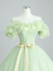Formal Dress Simple, Off the Shoulder Light Green Floral Prom Dresses, Green Floral Formal Graduation Dress