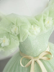 Formal Dresses Ball Gown, Off the Shoulder Light Green Floral Prom Dresses, Green Floral Formal Graduation Dress