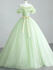 Formal Dresses Simple, Off the Shoulder Light Green Floral Prom Dresses, Green Floral Formal Graduation Dress