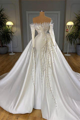 Wedding Dress Idea, Off-the-Shoulder Long Sleeves Mermaid Wedding Dress Pearls With Detachable Train