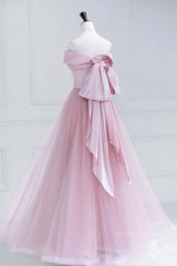 Formal Dress Outfits, Off the Shoulder Pink Prom Dresses, Pink Tulle Formal Evening Dresses