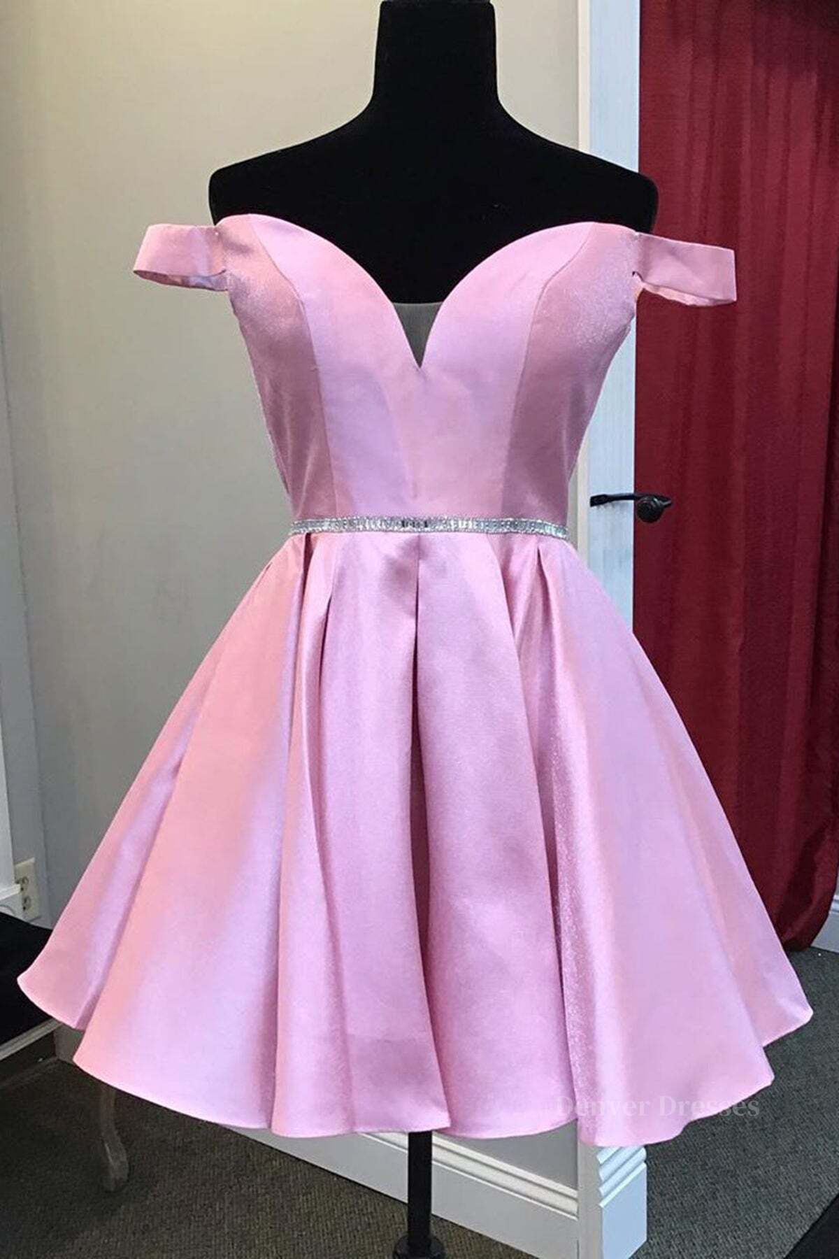 Formal Dresses For Teen, Off the Shoulder Pink Satin Short Prom Homecoming Dress with Belt, Off Shoulder Pink Formal Graduation Evening Dress