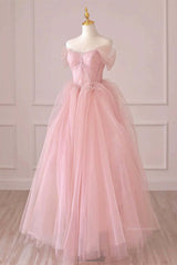 Party Dress Bling, Off the Shoulder Pink Tulle Prom Dresses, Pink Tulle Long Formal Graduation Dresses