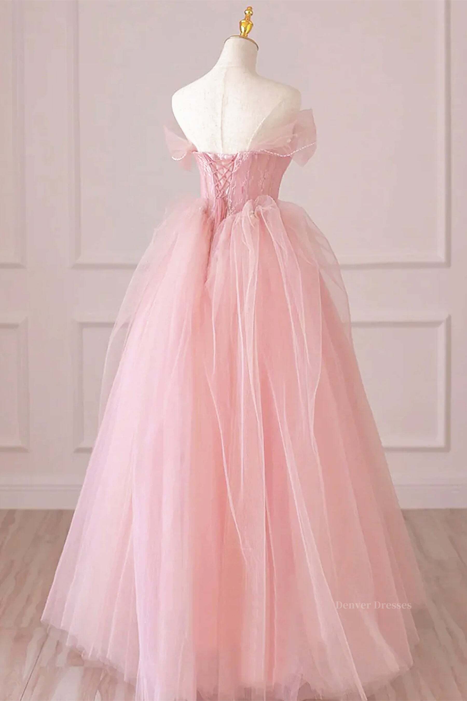 Party Dress Over 72, Off the Shoulder Pink Tulle Prom Dresses, Pink Tulle Long Formal Graduation Dresses