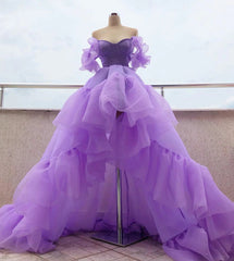 Homecoming Dress Lace, Off the Shoulder Purple High Low Prom Dresses, High Low Purple Formal Graduation Dresses